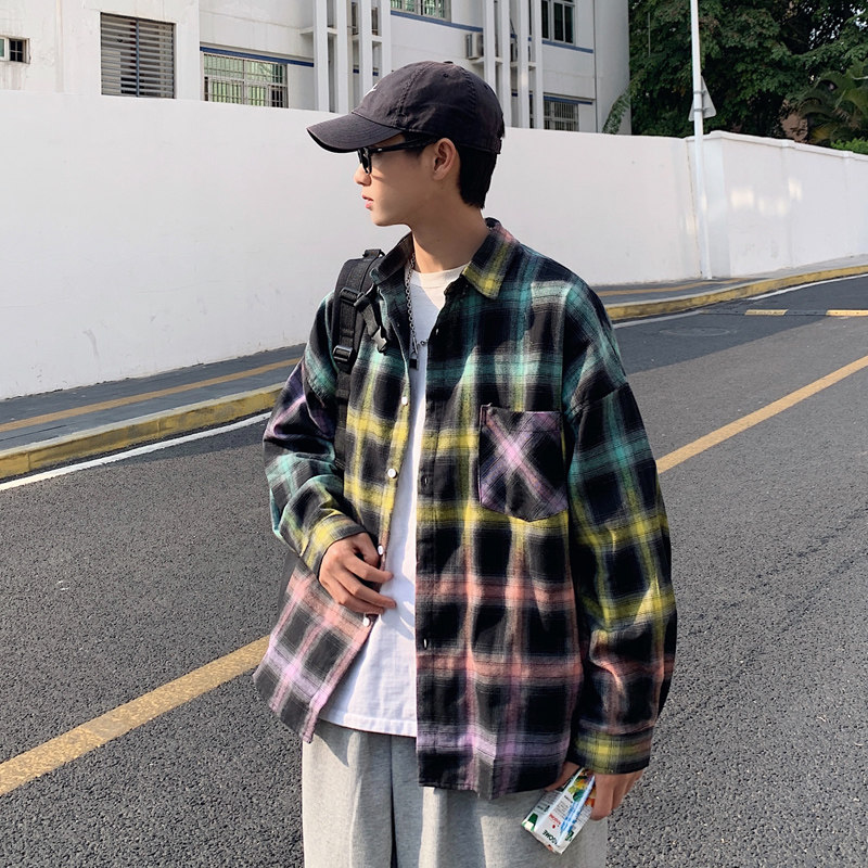 韩版宽松格子衬衣潮情侣外套春季新款秋装港风衬衫男士长袖3014图片