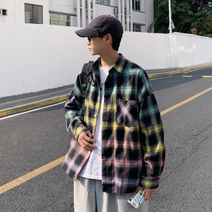 韩版宽松格子衬衣潮情侣外套春季新款秋装港风衬衫男士长袖3014图片