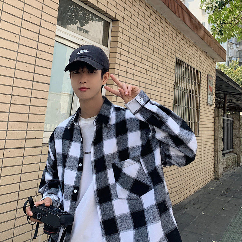春季格子衬衫男士长袖港风潮流衬衣休闲百搭上衣宽松痞帅情侣3015,男装衬衫,电商C208A