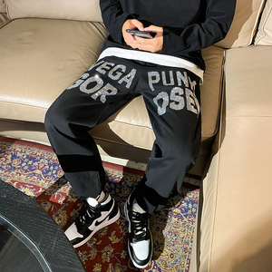 潮牌男装春秋时尚高端休闲卫裤烫钻黑色裤子宽松运动纯棉长裤6647图片