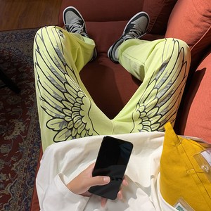 艺术感慵懒裤子高街ins潮灰色翅膀运动卫裤男boy长裤6648