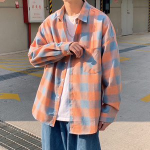 春季格子衬衫男士长袖港风潮流衬衣休闲百搭上衣宽松痞帅情侣3015