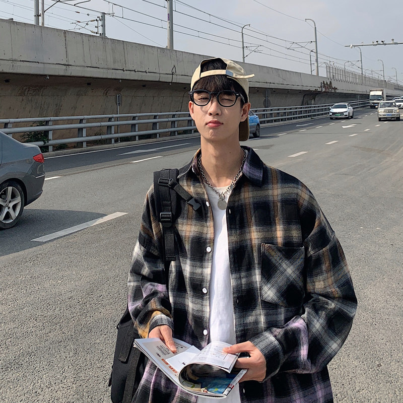 格子衬衫男长袖宽松港风2025春季新款衬衣韩版ins百搭上衣潮3014图片