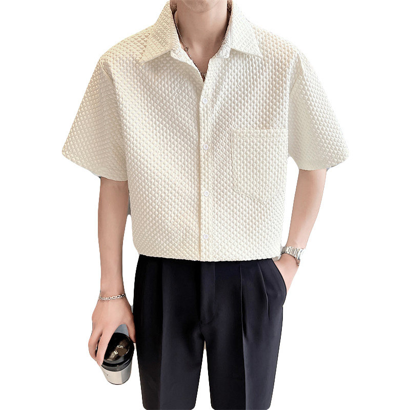 夏季青少年男生格子短袖衬衫青春绿色尖领上衣C203A-8817-P58控78,男装T恤,电商C208A