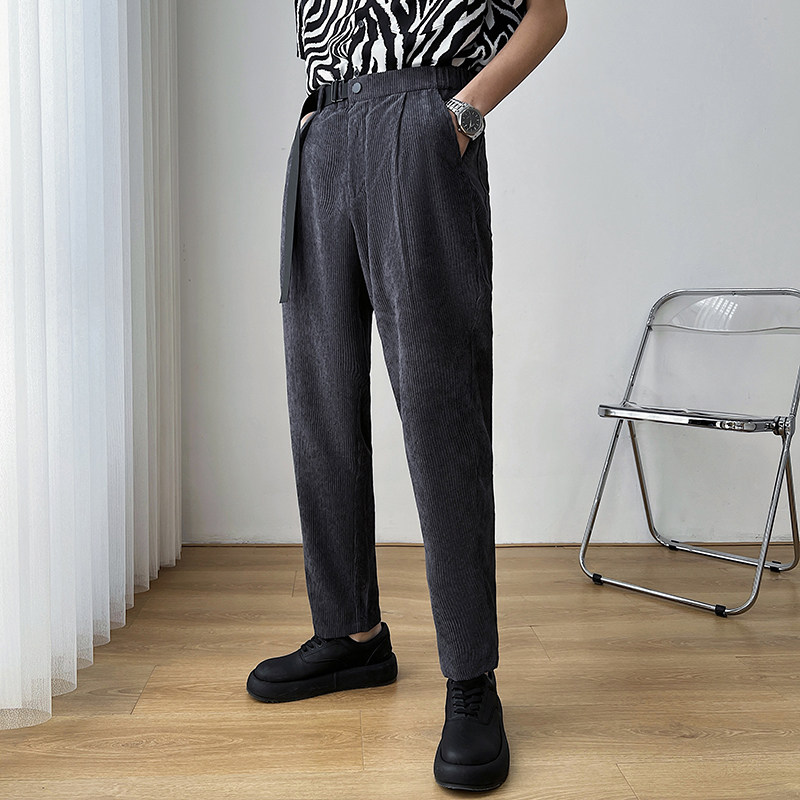 抖音2025春季新款青年男士灯芯绒休闲西裤轻熟风腰带长裤6673-P68，男装西裤，电商C208A