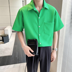 夏季青少年男生格子短袖衬衫青春绿色尖领上衣C203A-8817-P58控78图片