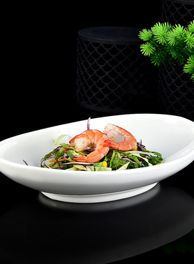 酒店纯白色陶瓷椭圆形带脚菜盘子饭店会所凹造型冷菜凉菜摆盘餐具