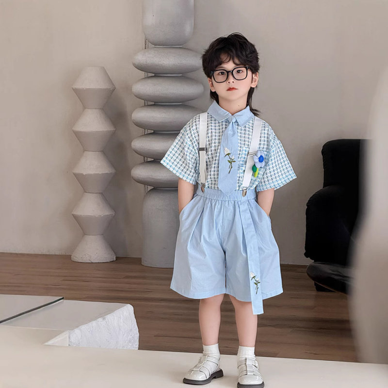 男童时尚清走秀生日新蓝格短袖衬衫背带短裤花童礼服套装炸街潮搭