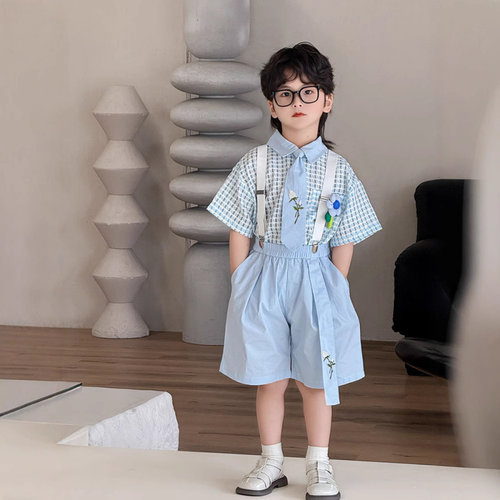 男童时尚清走秀生日新蓝格短袖衬衫背带短裤花童礼服套装炸街潮搭