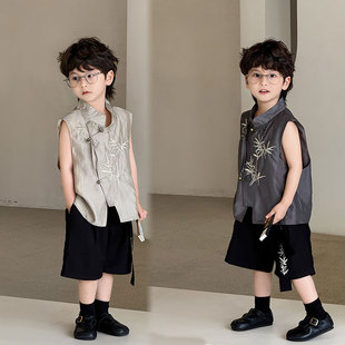 马甲套装 童装 2025夏季 马夹短裤 潮 儿童汉服中秋国风无袖 男童新中式