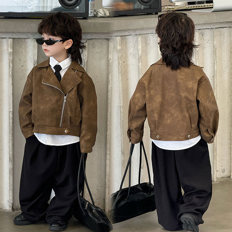 男童2024春秋新款痞帅风走秀皮夹克上衣儿童韩版宽松棕色皮衣外套