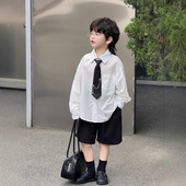 衬衣男宝宝百搭儿童帅气上衣 宽松领带中小童白色长袖 男童新款 韩版