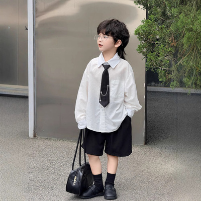 男童新款韩版宽松领带中小童白色长袖衬衣男宝宝百搭儿童帅气上衣