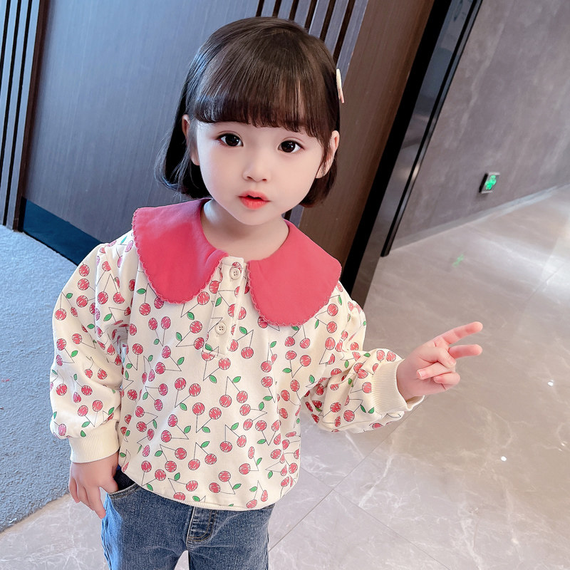 어린 소녀 패셔너블하고 귀여운 체리 인형 칼라 스웨트 셔츠 2024 봄 새로운 패션 스타일 소녀 한국어 버전 6 탑 5