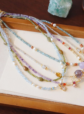 天然石彩色串珠项链淡水珍珠锁骨链设计感小众复古颈链ins风叠戴