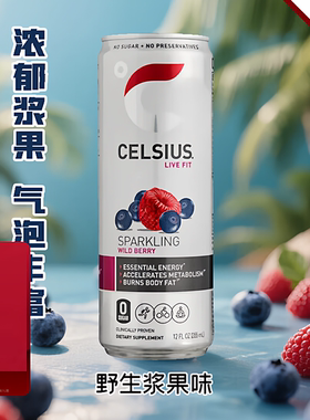 燃力士Celsius美版进口 无糖气泡能量饮料野生浆果味355mlx6罐