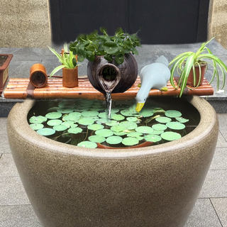 庭院陶罐流水器陶瓷鱼缸循环过滤增氧竹子搭配水池石槽造景摆件配