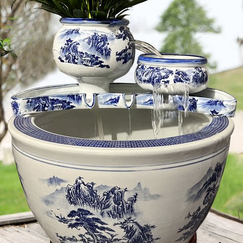 水缸循环过滤器流水瀑布陶瓷摆件古法养鱼缸增氧循环过滤陶罐水培