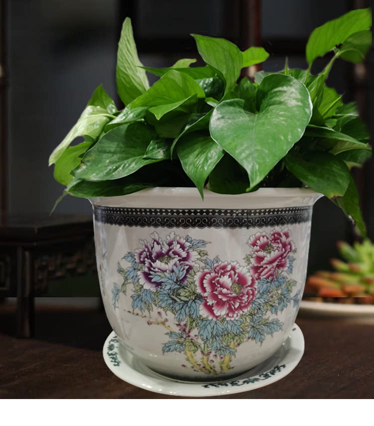 景德镇圆形陶瓷花盆大号粉彩种铁树发财树带托花盆陶瓷盆 家用