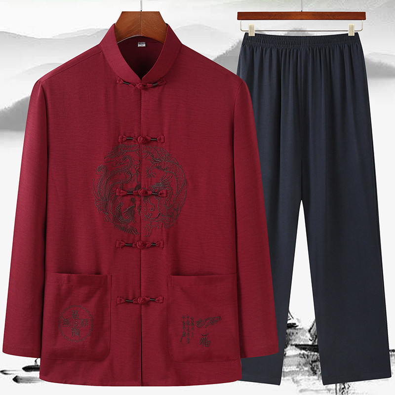 당나라 정장 남자 중년 및 노인 중국 스타일의 얇은 아빠 여름 정장 긴팔 할아버지 봄 가을 옷 노인 가을 옷