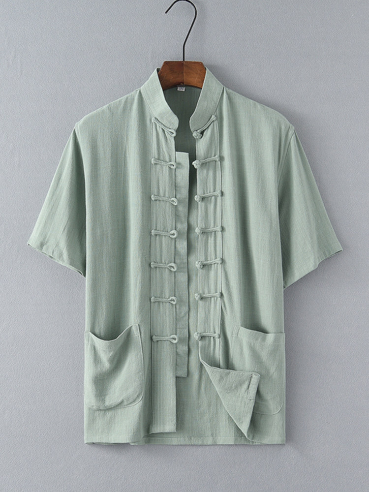 여름 얇은 중년 및 노인 린넨 반팔 탑 중국 스타일 중국 스타일 당나라 정장 남성 복고풍 HANFU 캐주얼 아빠 착용