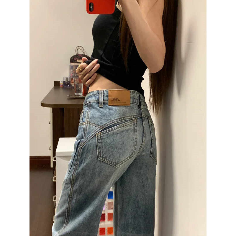 美式复古水洗低腰微喇牛仔裤女秋季新款大码宽松不贴腿阔腿马蹄裤