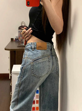 美式复古水洗低腰微喇牛仔裤女秋季新款大码宽松不贴腿阔腿马蹄裤