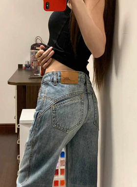 美式复古水洗低腰微喇牛仔裤女秋季新款大码宽松不贴腿阔腿马蹄裤