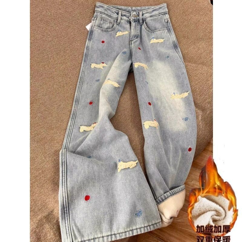 浅蓝色刺绣腊肠狗牛仔裤女秋冬加绒加厚高腰显瘦垂感直筒阔腿裤子,女装/女士精品,牛仔裤,淘宝优惠券,粉丝福利购,淘宝优惠卷