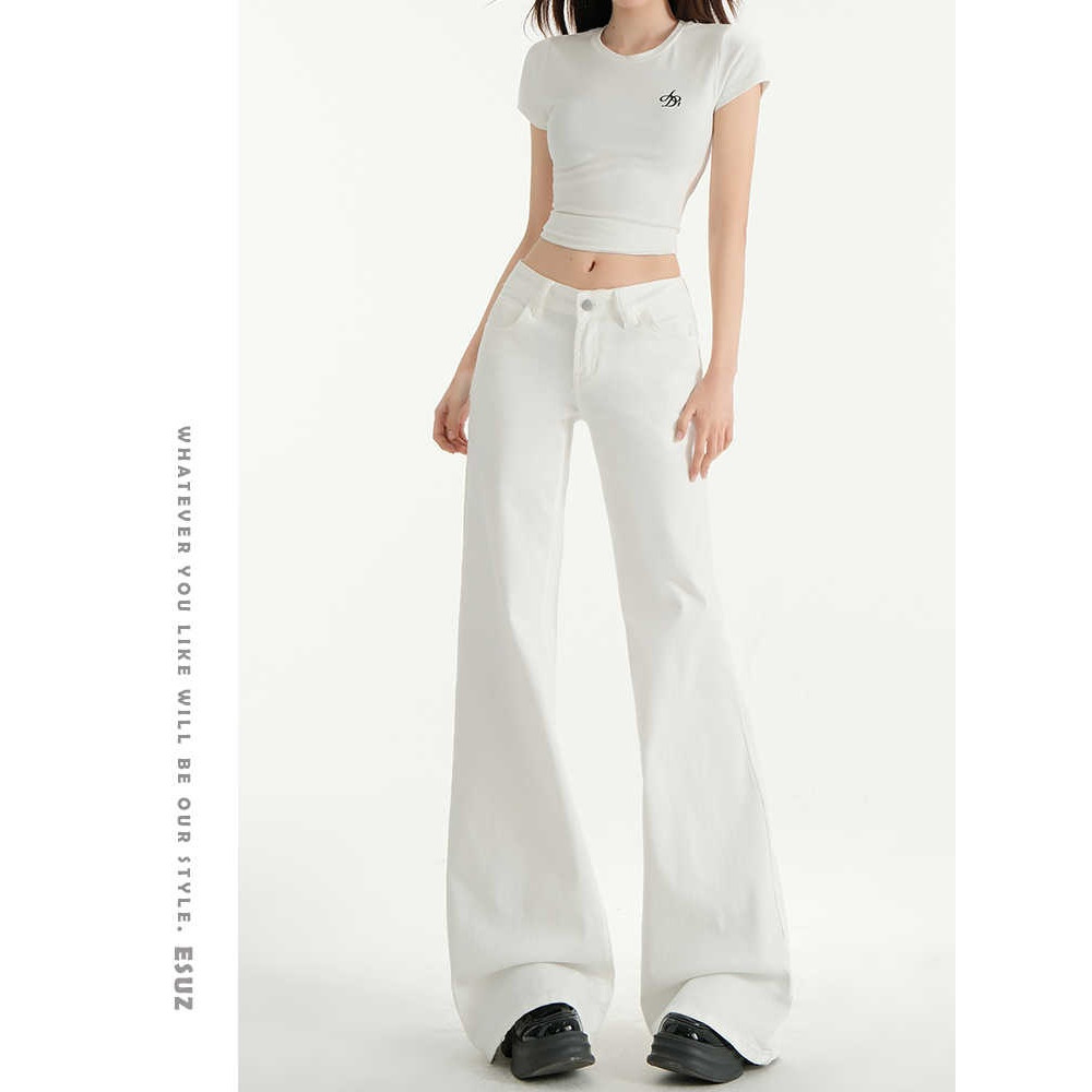 美式白色低腰微喇叭牛仔裤女2026年春季新款辣妹不贴腿阔腿马蹄裤