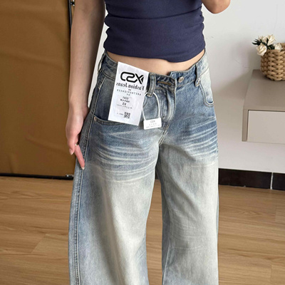 复古水洗阔腿牛仔裤女秋季新高腰宽松显瘦垂感直筒裤百搭弯刀长裤