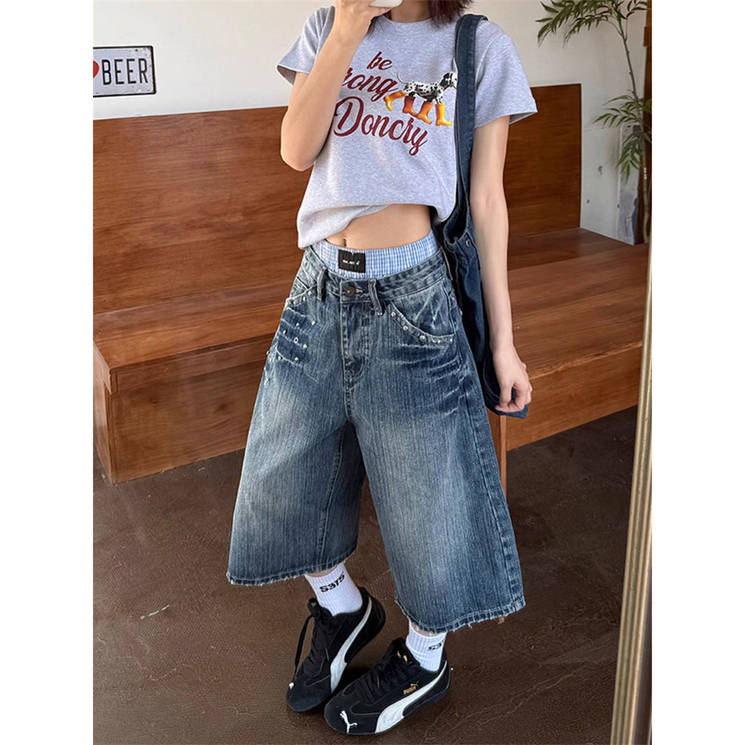 美式闪电纹水洗牛仔七分裤女2026夏季新款高腰直筒阔腿中裤短裤子