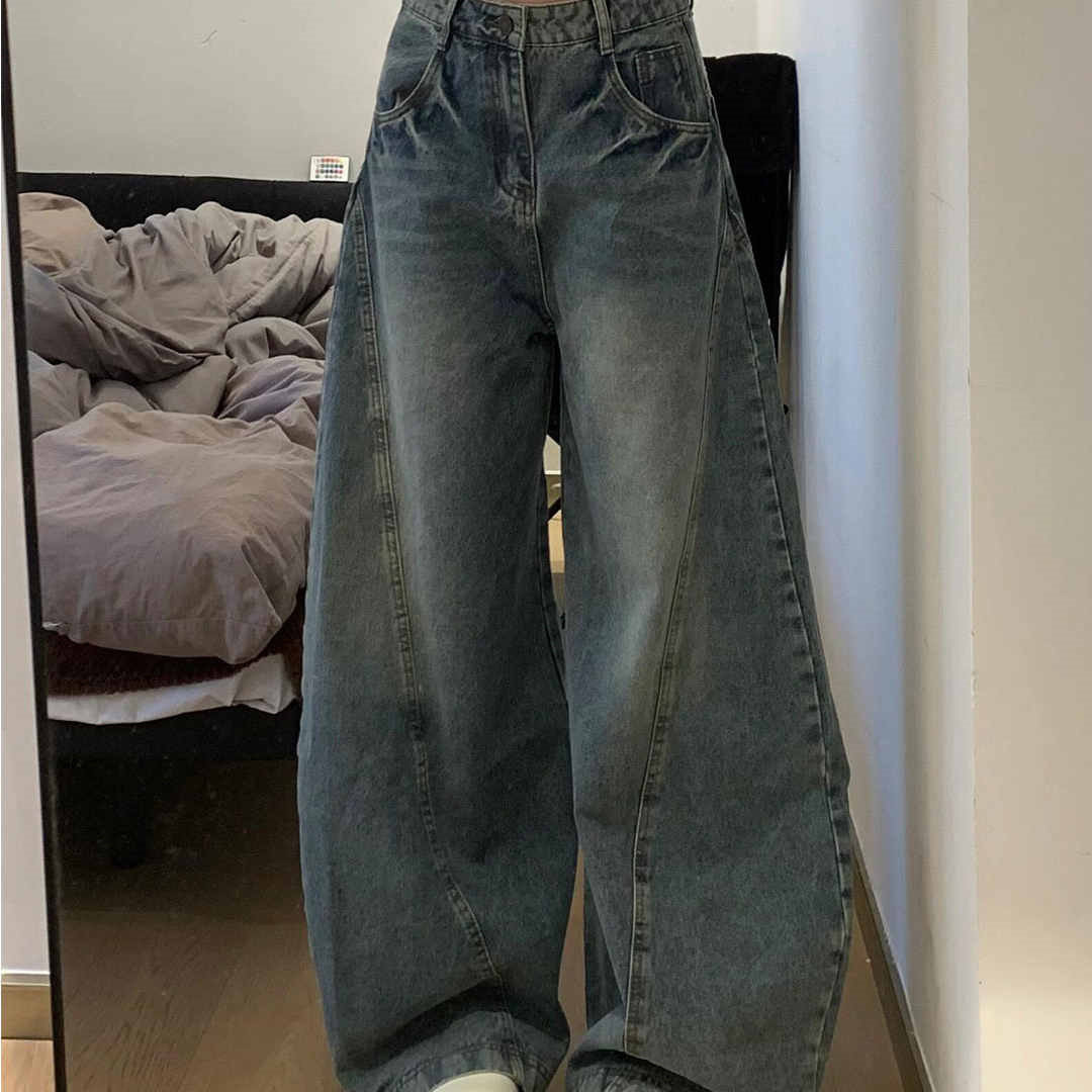 弯刀牛仔裤女秋季新款大码胖妹妹mm高腰宽松显瘦直筒阔腿拖地裤子