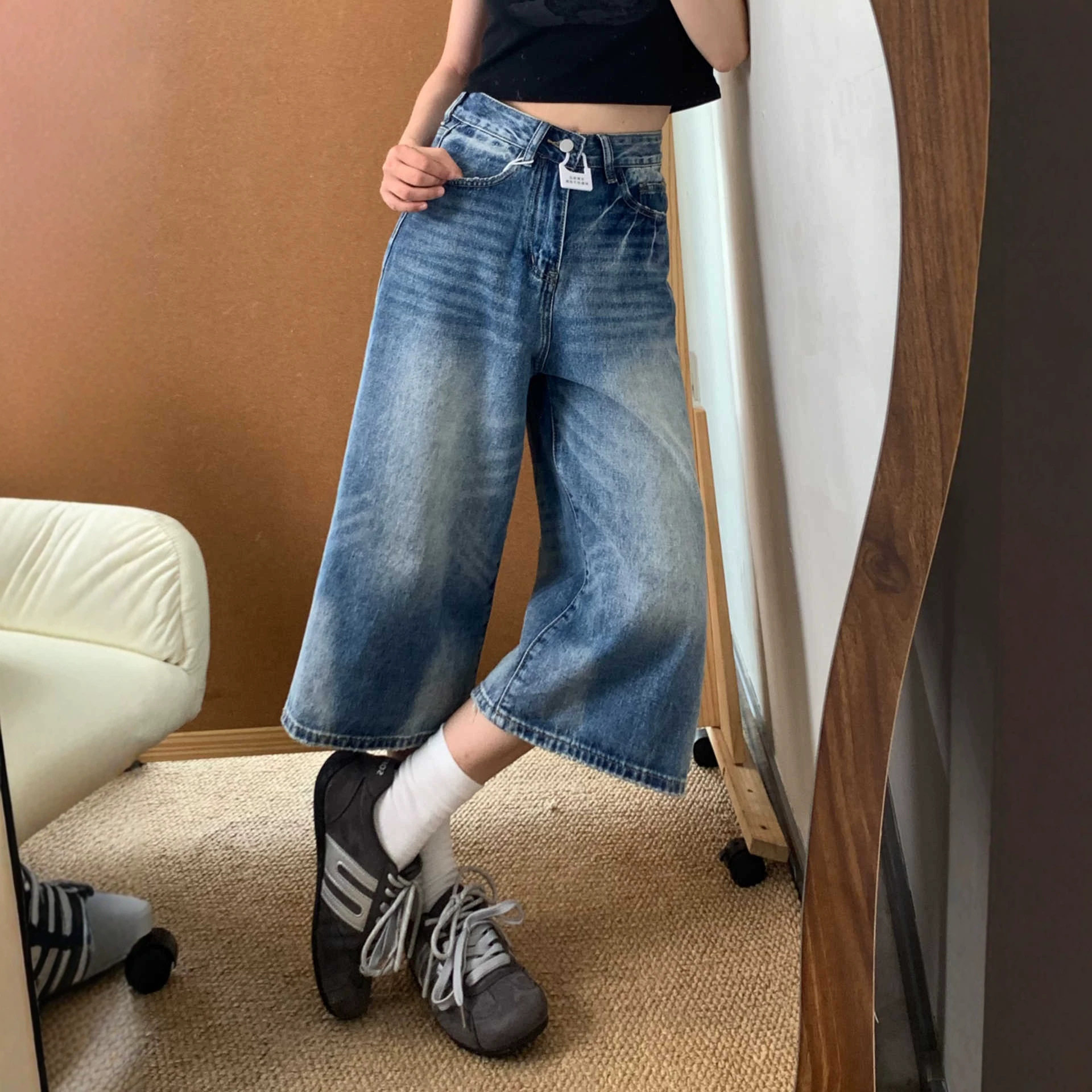 复古美式阔腿牛仔七分裤女2026夏季新款设计款宽松显瘦高腰直筒裤