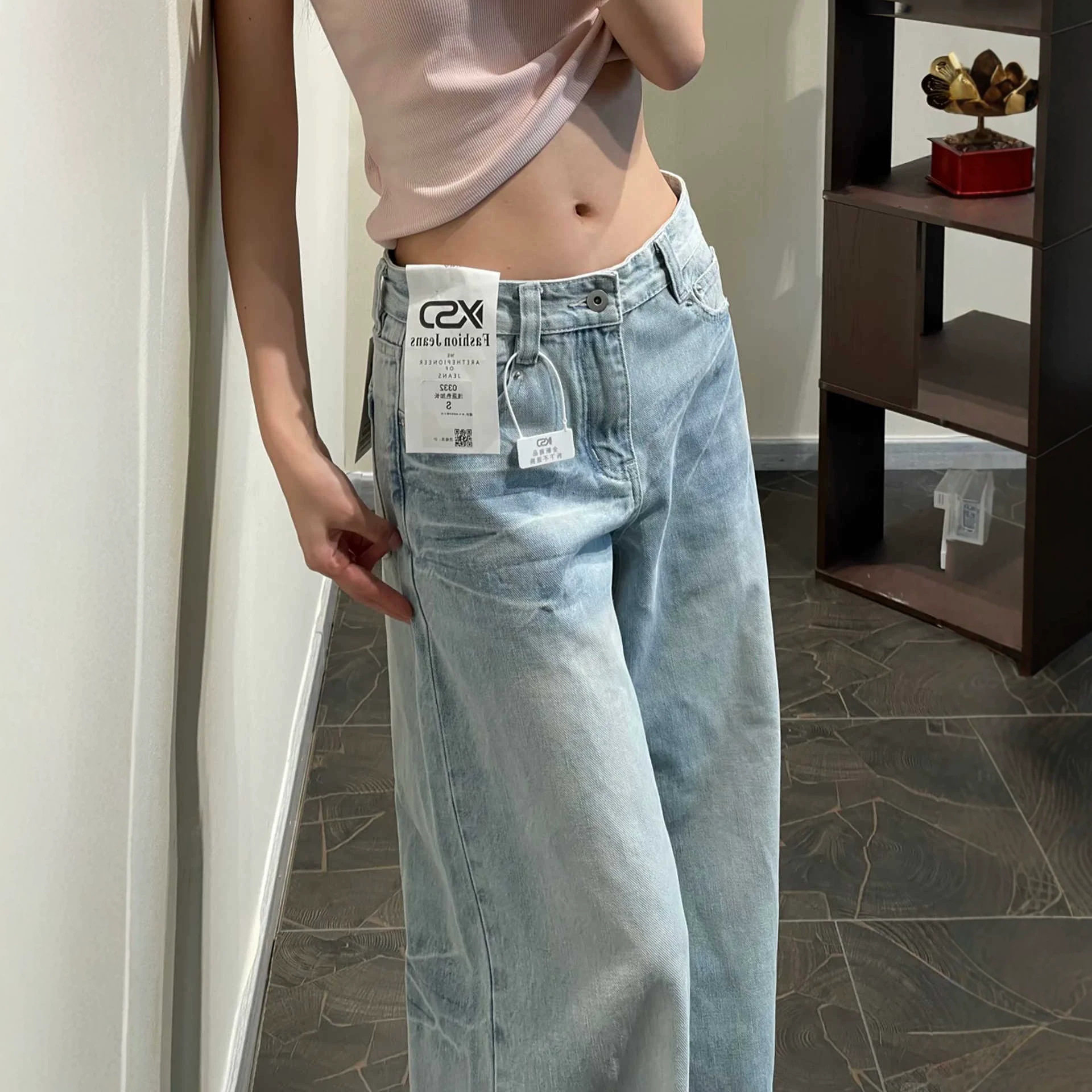 浅蓝色水洗猫须阔腿牛仔裤女2026夏季新款小个子做旧直筒拖地长裤