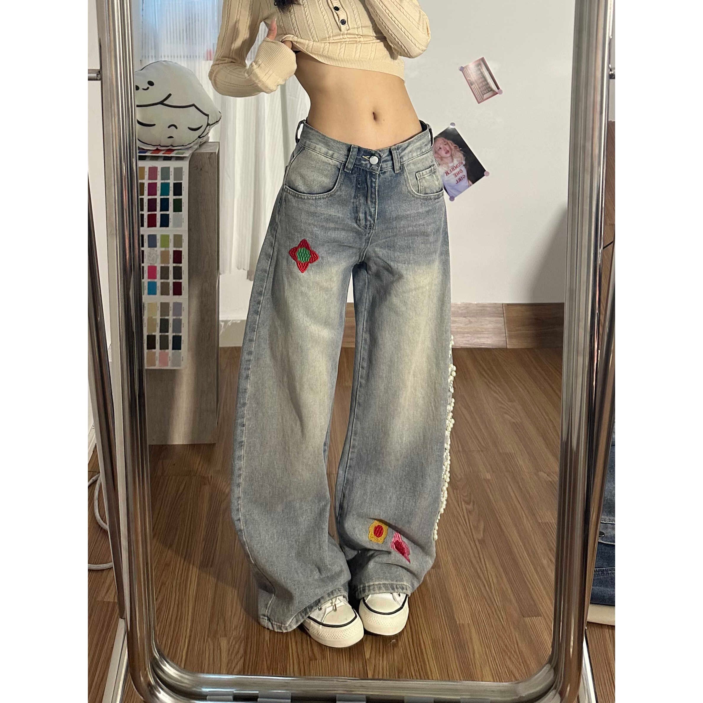 美式复古弯刀裤珍珠刺绣牛仔裤裤子女款2026秋季新款宽松阔腿裤子