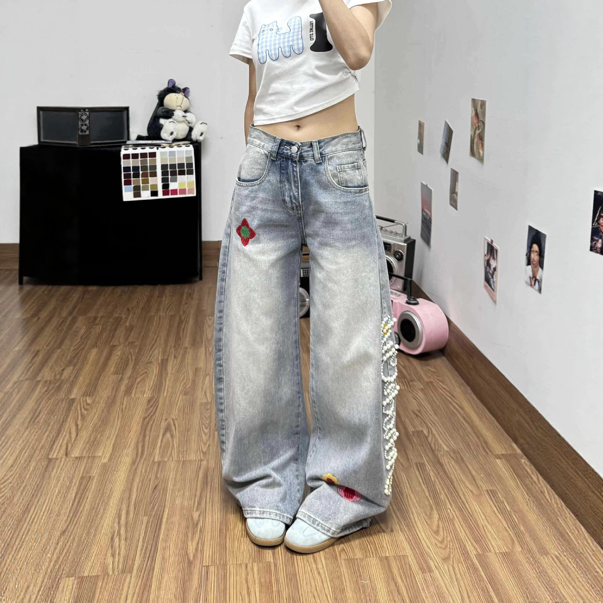 甜酷辣妹美式风珍珠刺绣牛仔裤女夏季设计感宽松显瘦阔腿弯刀裤子