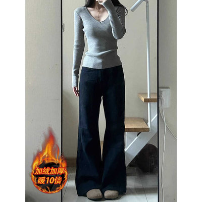 黑色微喇叭牛仔裤女秋冬加绒梨形身材宽松遮肉显瘦大阔腿直筒裤子