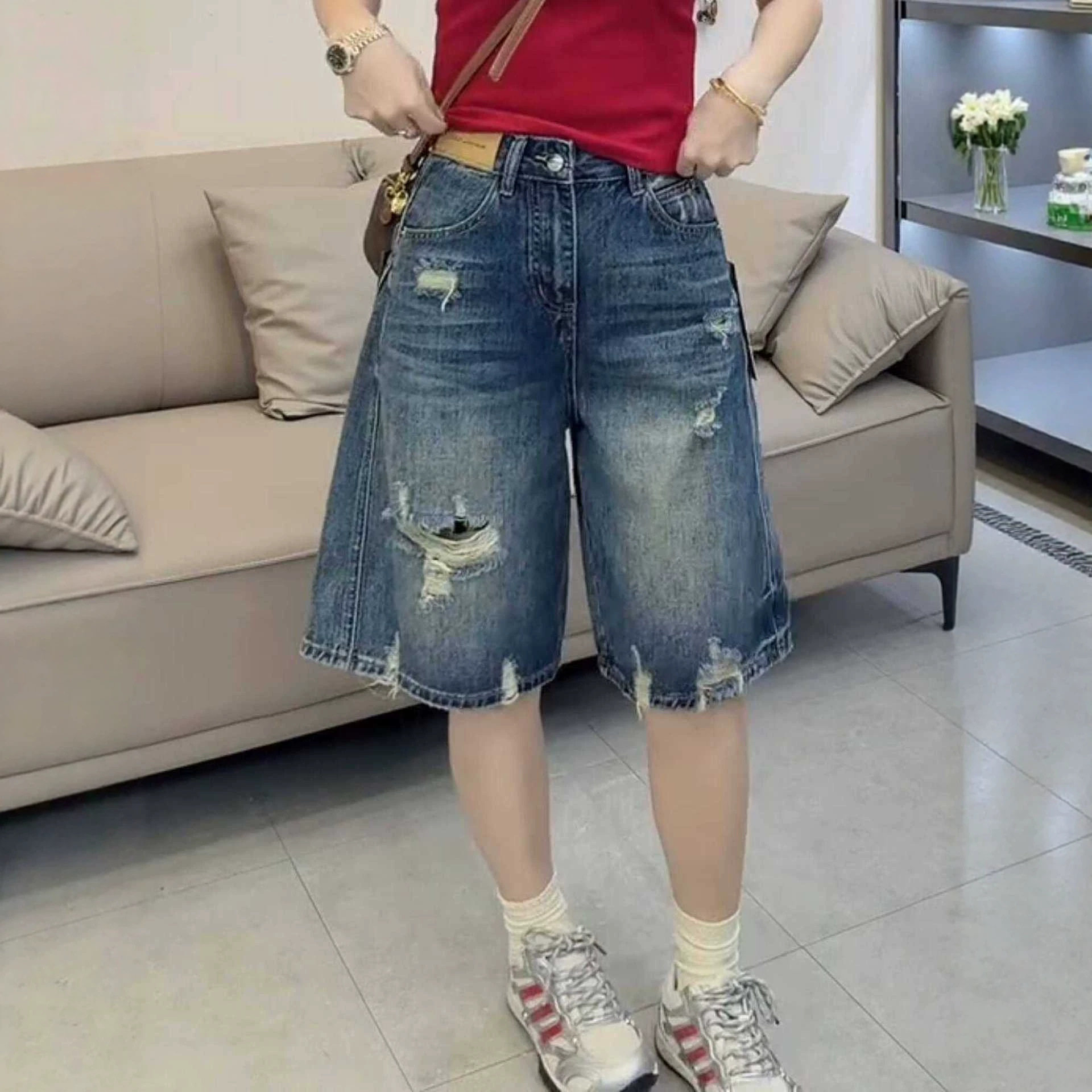 美式高街破洞牛仔短裤女夏季新款阔腿五分裤高腰宽松休闲直筒中裤