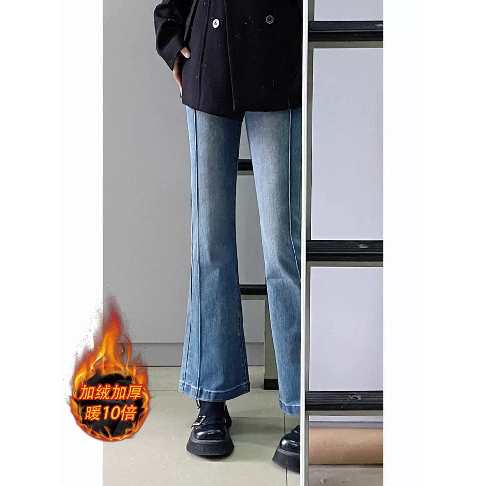 梨形身材微喇直筒牛仔裤女秋冬加绒大码胖mm遮胯小个子弹力喇叭裤