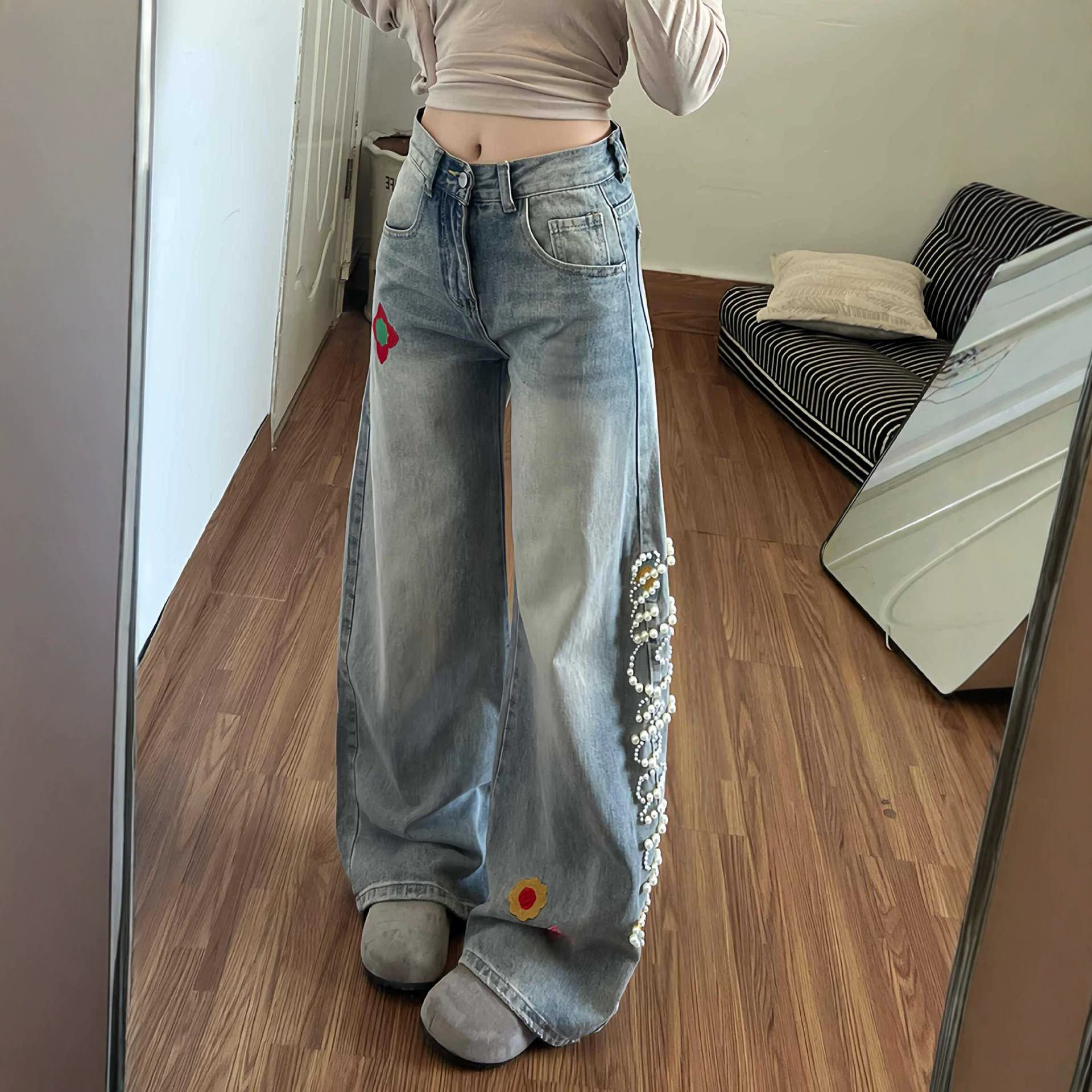 美式辣妹小众时尚个性牛仔裤子女复古设计感立体花卉刺绣拖地裤潮