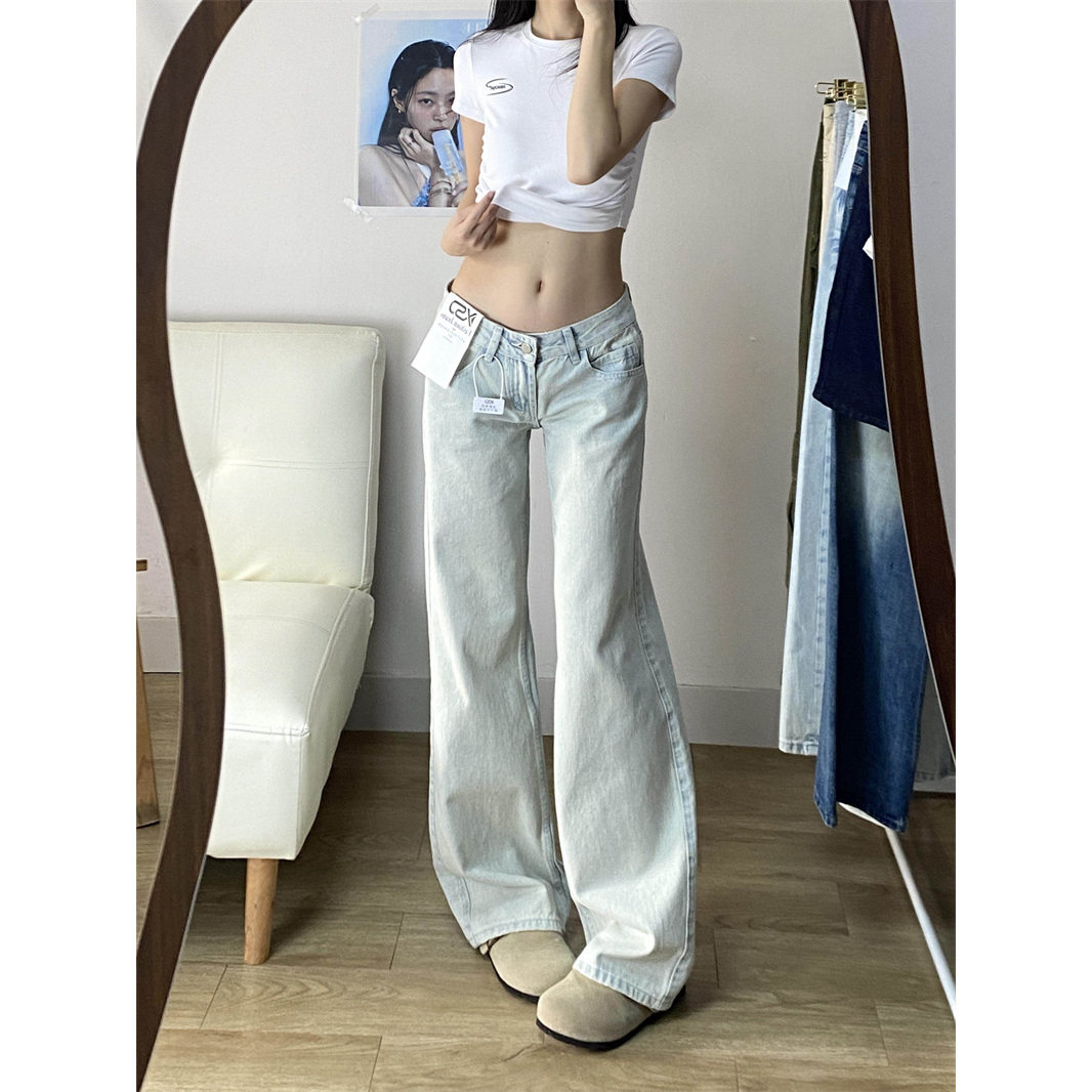 美式浅蓝色窄版直筒牛仔裤女夏季薄款小个子低腰阔腿宽松显瘦长裤