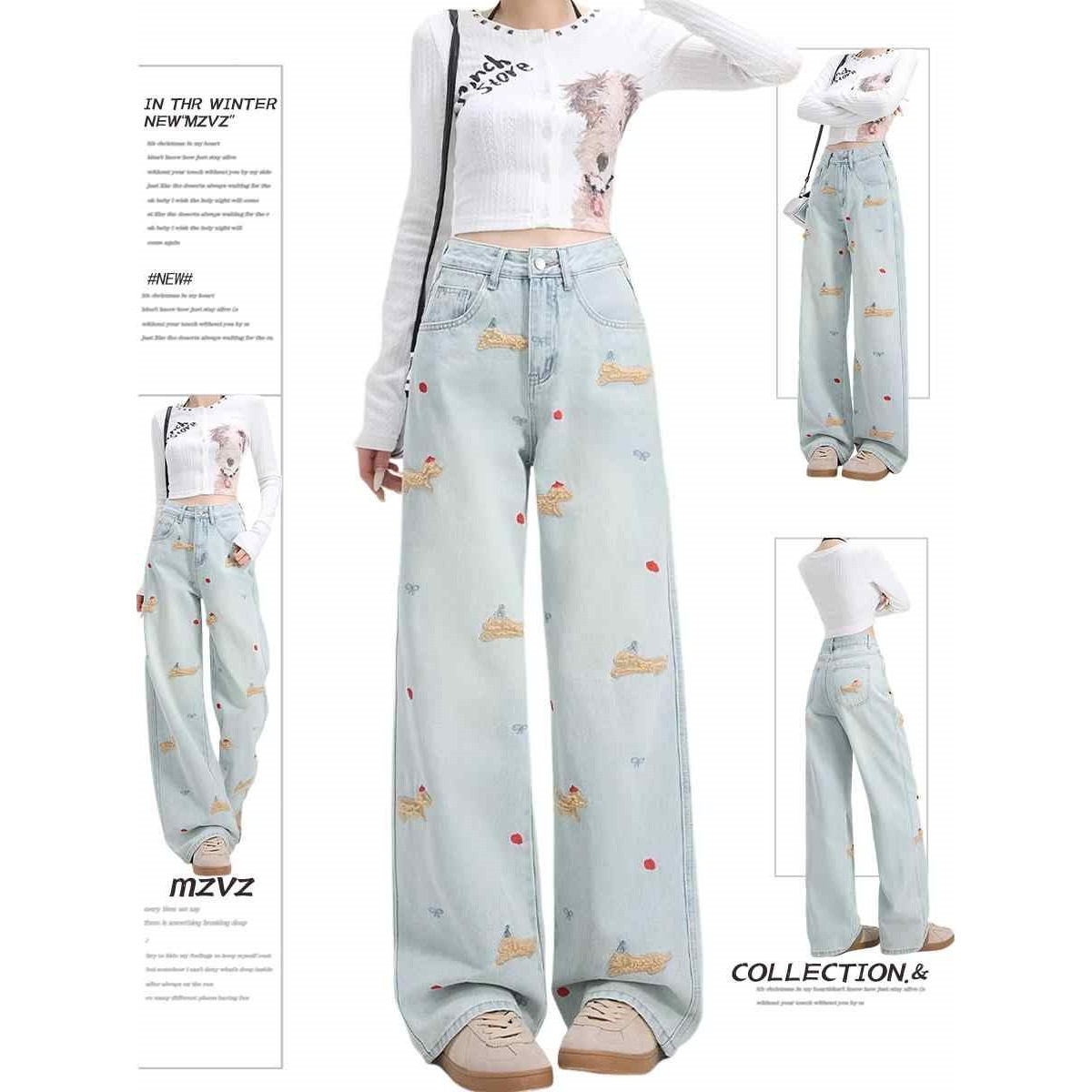春秋季薄款浅蓝色腊肠狗刺绣阔腿牛仔裤女高腰宽松显瘦休闲直筒裤,女装/女士精品,牛仔裤,淘宝优惠券,粉丝福利购,淘宝优惠卷