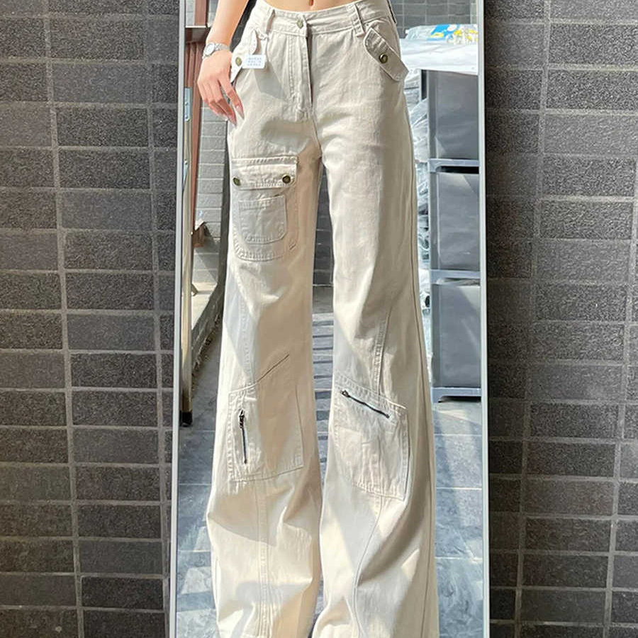 美式微喇裤工装牛仔裤女秋季新款大码宽松高腰显瘦直筒阔腿拖地裤