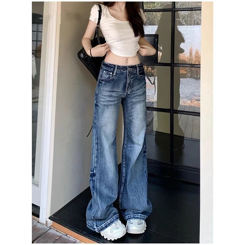 加长美式复古水洗阔腿微喇叭牛仔裤女2026年春季新款辣妹拖地裤子