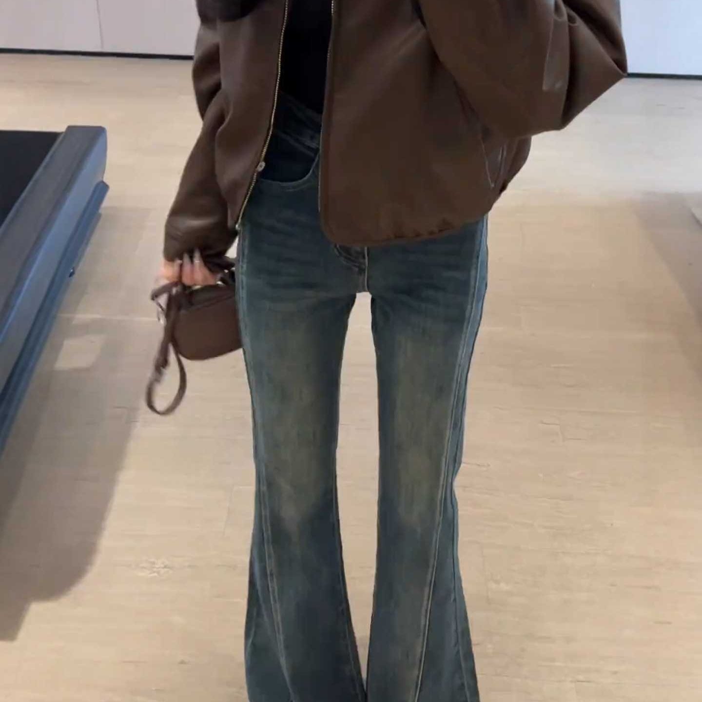 复古蓝毛边微喇牛仔裤女秋冬大码胖mm高腰显瘦遮胯弹力喇叭长裤子