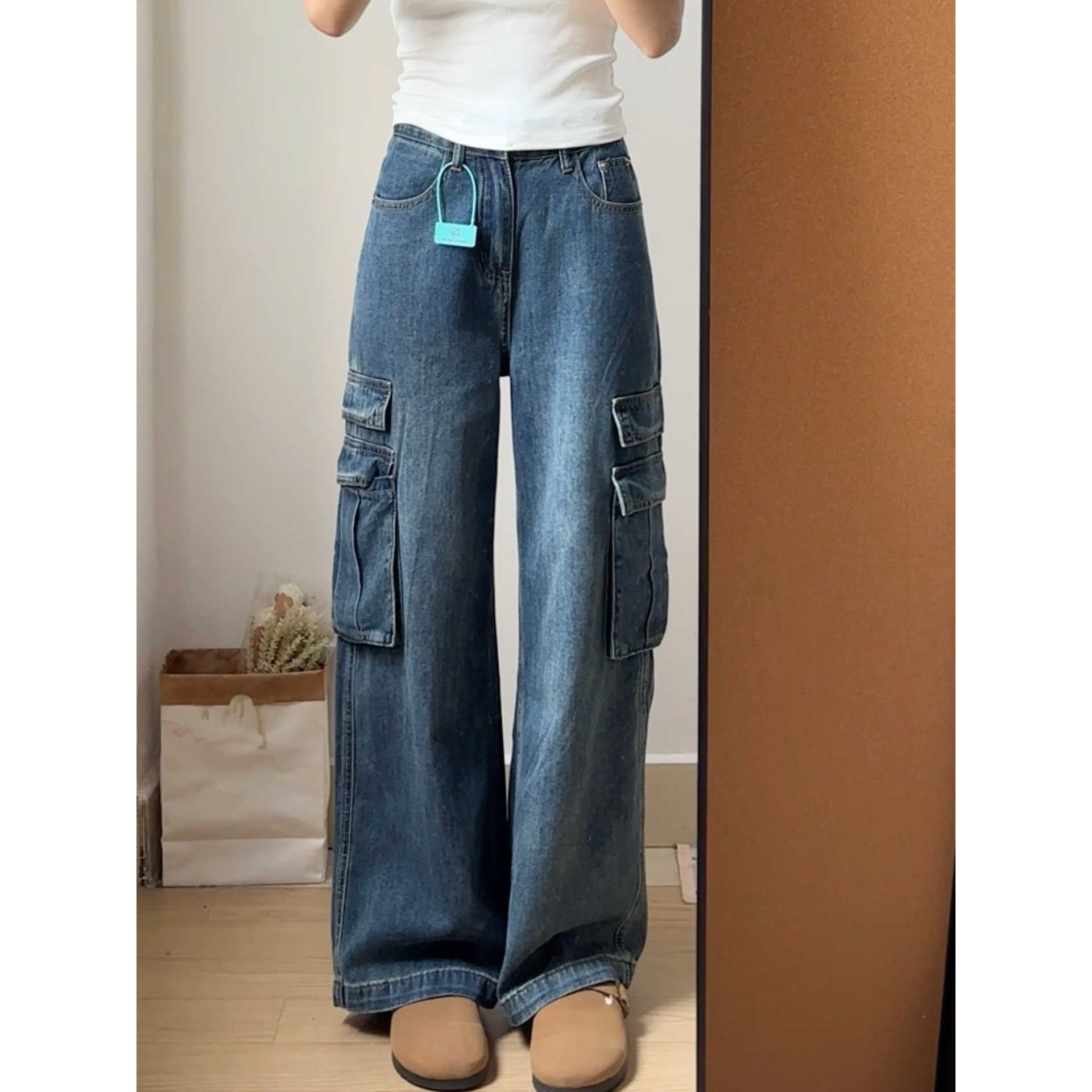 复古蓝水洗工装裤牛仔裤女2026春秋新款美式复古高腰直筒阔腿裤子