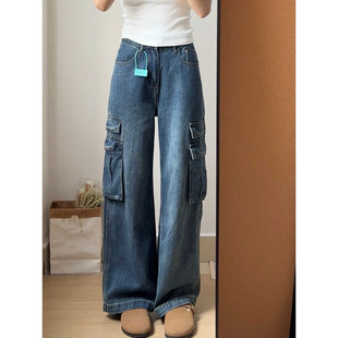 复古蓝水洗工装裤牛仔裤女2026春秋新款美式复古高腰直筒阔腿裤子