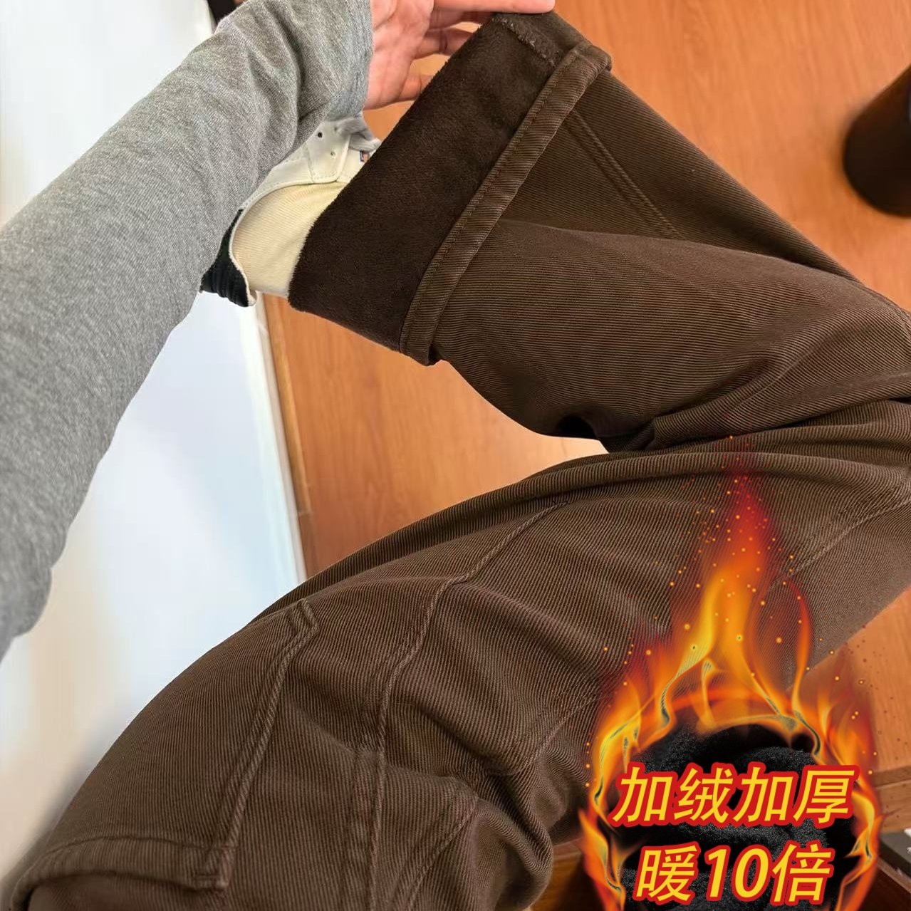 棕色阔腿牛仔裤女秋冬加绒加厚大码胖mm宽松显瘦梨型身材直筒裤子