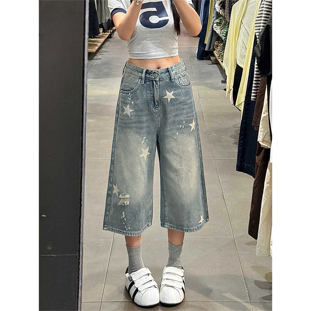 美式复古星星印花七分牛仔裤女夏季新款大码显瘦宽松遮胯阔腿裤子
